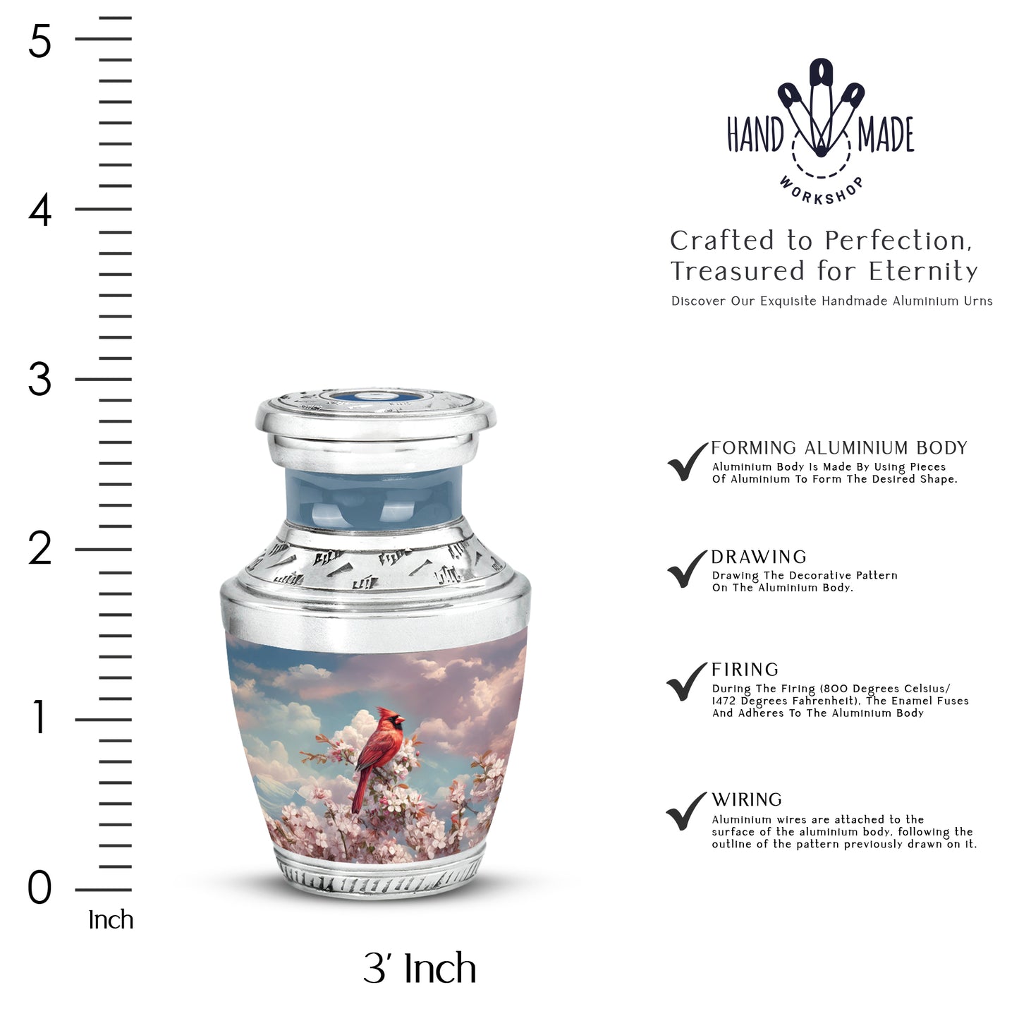 Sky Blue Cardinal Cremation Urn top-down view of secure threaded lid - modern art-inspired cardinal motif on sleek aluminum - mini keepsake memorial for portion of cremation ashes