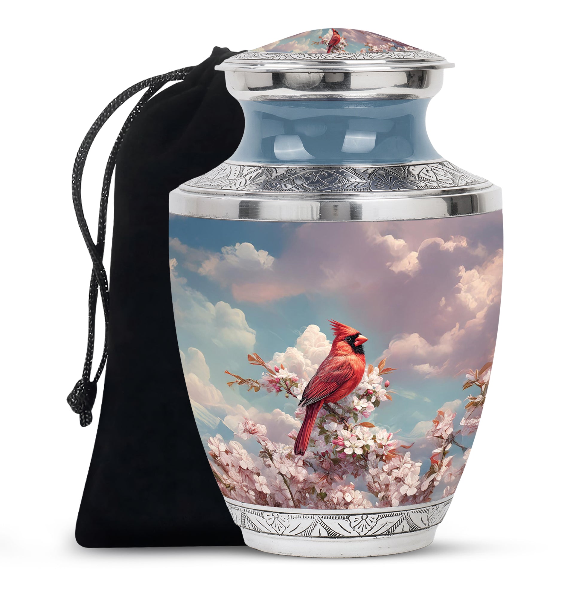Vivid Blue Cardinal Cremation Urn side profile showing urn shape - artistic cardinal interpretation with creative detail - full-size 10 inch 200 cubic inch adult cremation urn