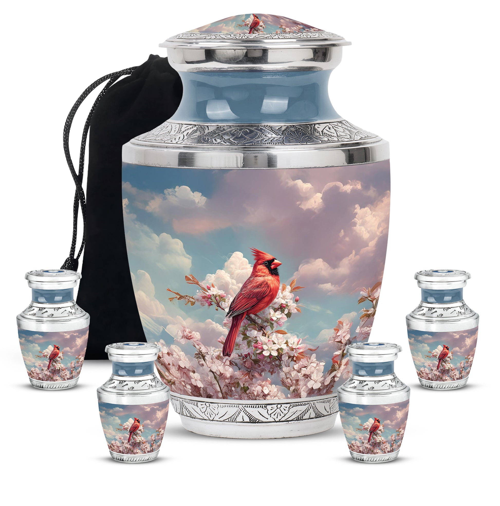 Sapphire Blue Cardinal Cremation Urn lifestyle display on memorial shelf - stylized abstract cardinal pattern with bold lines - memorial set with one large and four small urns