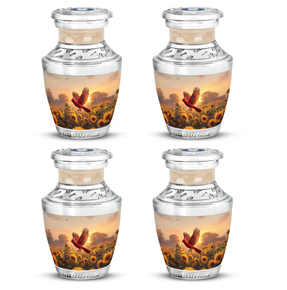 Amber Gold Cardinal Cremation Urn back view with polished surface - contemporary cardinal design with modern artistic flair - 10 inch aluminum urn for cremated remains
