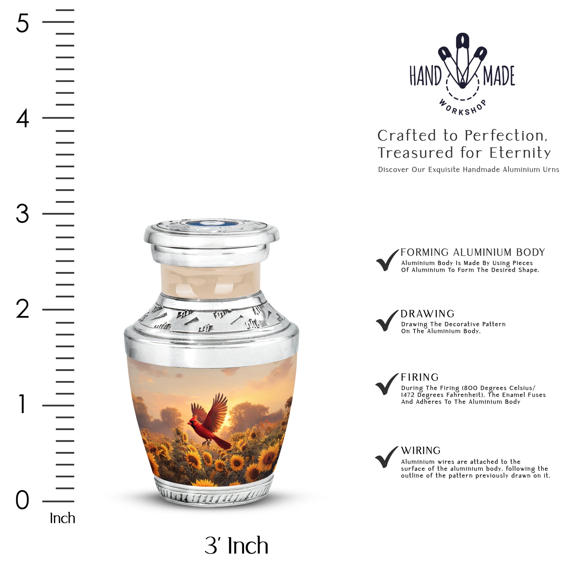 Champagne Gold Cardinal Cremation Urn top-down view of secure threaded lid - contemporary cardinal design with modern artistic flair - mini keepsake memorial for portion of cremation ashes
