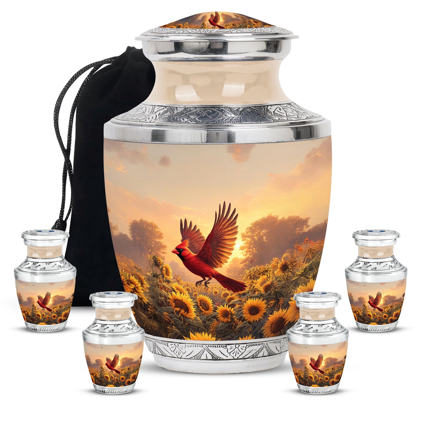 Amber Gold Cardinal Cremation Urn lifestyle display on memorial shelf - contemporary cardinal design with modern artistic flair - memorial set with one large and four small urns