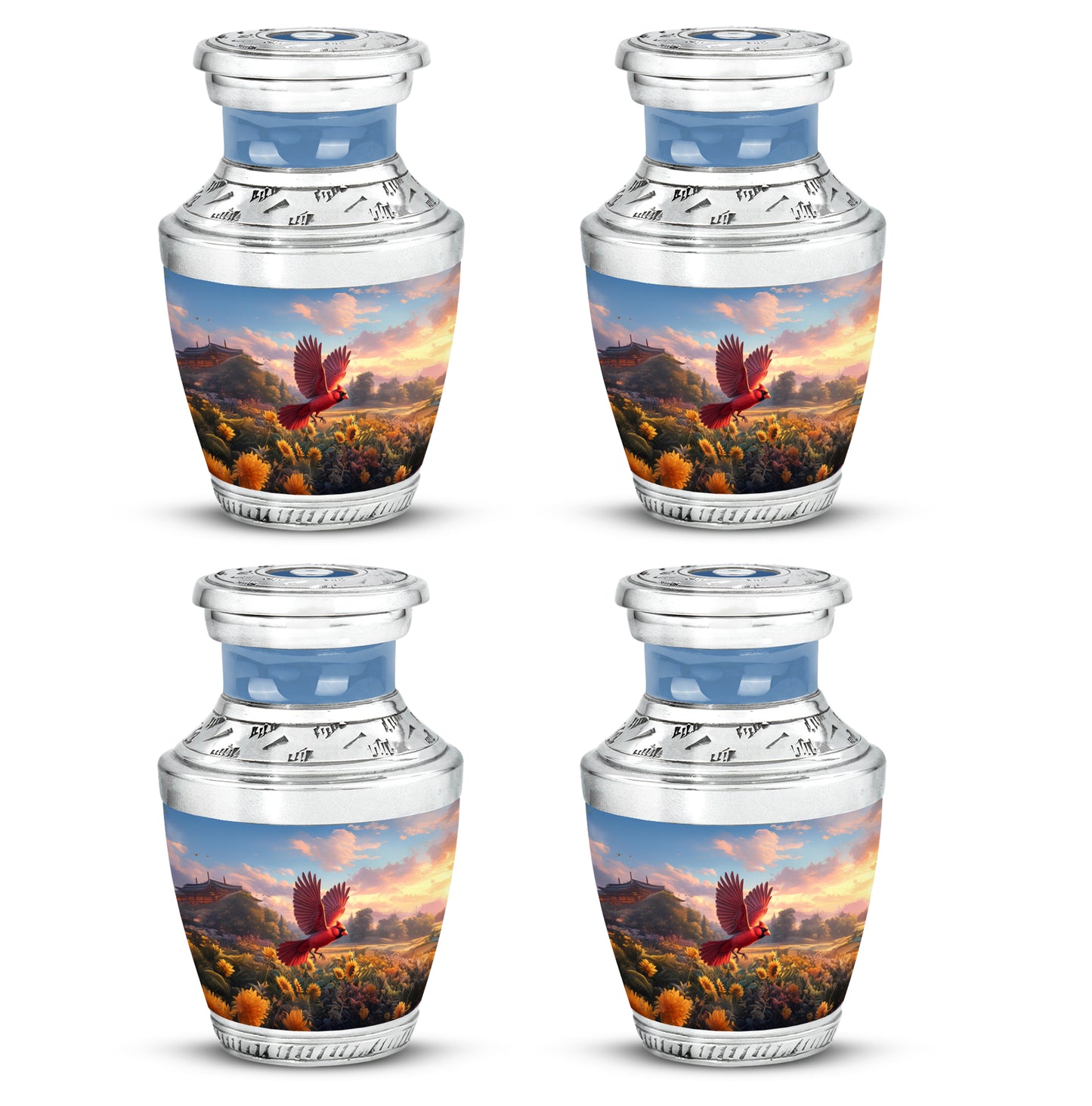 Dusty Blue Cardinal Cremation Urn back view with polished surface - modern art-inspired cardinal motif on sleek aluminum - 10 inch aluminum urn for cremated remains