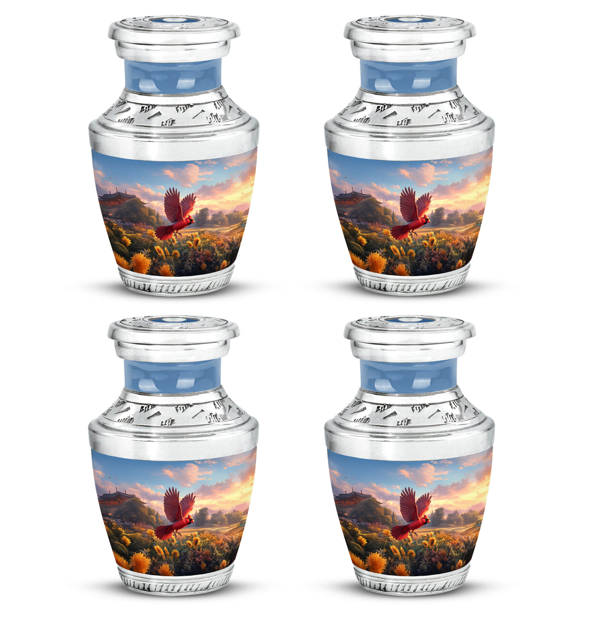 Dusty Blue Cardinal Cremation Urn back view with polished surface - modern art-inspired cardinal motif on sleek aluminum - 10 inch aluminum urn for cremated remains