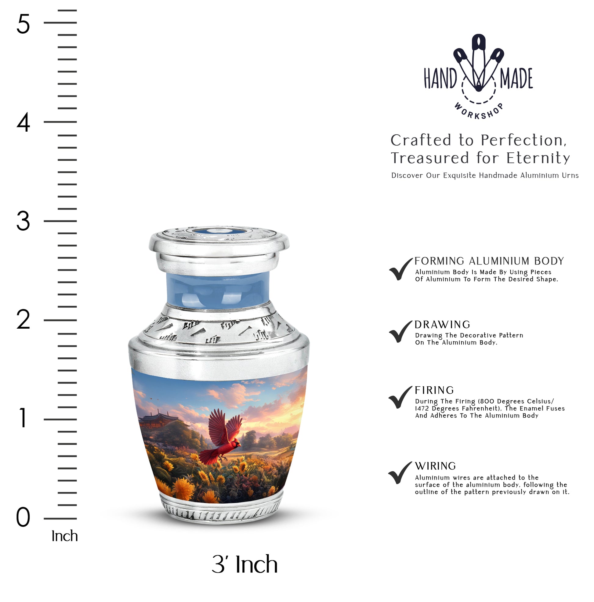 Royal Blue Cardinal Cremation Urn top-down view of secure threaded lid - artistic cardinal interpretation with creative detail - mini keepsake memorial for portion of cremation ashes