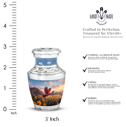 Royal Blue Cardinal Cremation Urn top-down view of secure threaded lid - artistic cardinal interpretation with creative detail - mini keepsake memorial for portion of cremation ashes