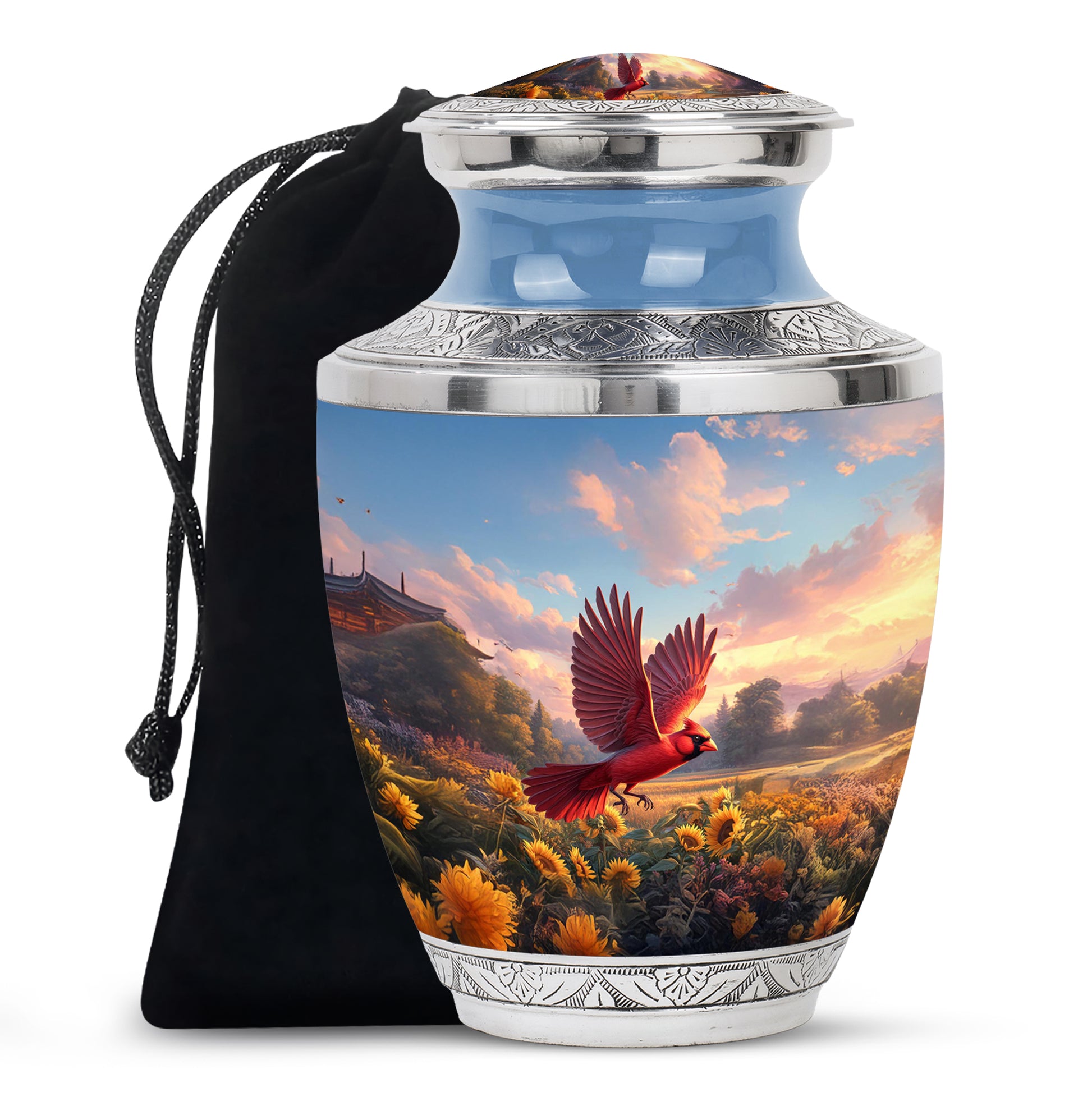 Indigo Cardinal Cremation Urn side profile showing urn shape - contemporary cardinal design with modern artistic flair - full-size 10 inch 200 cubic inch adult cremation urn