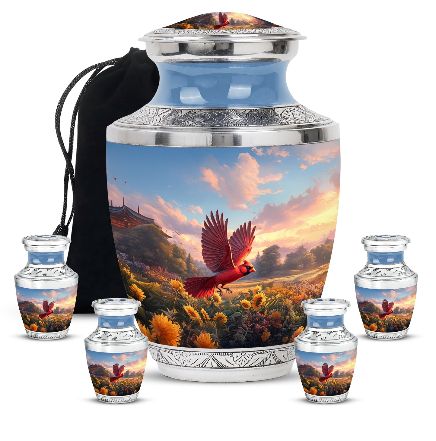 Misty Blue Cardinal Cremation Urn lifestyle display on memorial shelf - modern art-inspired cardinal motif on sleek aluminum - memorial set with one large and four small urns