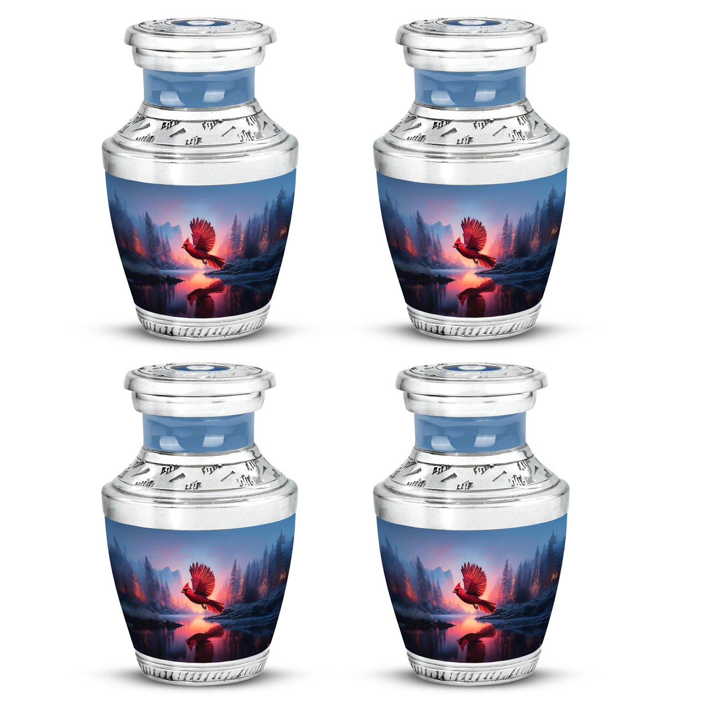 Cornflower Blue Cardinal Cremation Urn back view with polished surface - artistic cardinal interpretation with creative detail - 10 inch aluminum urn for cremated remains