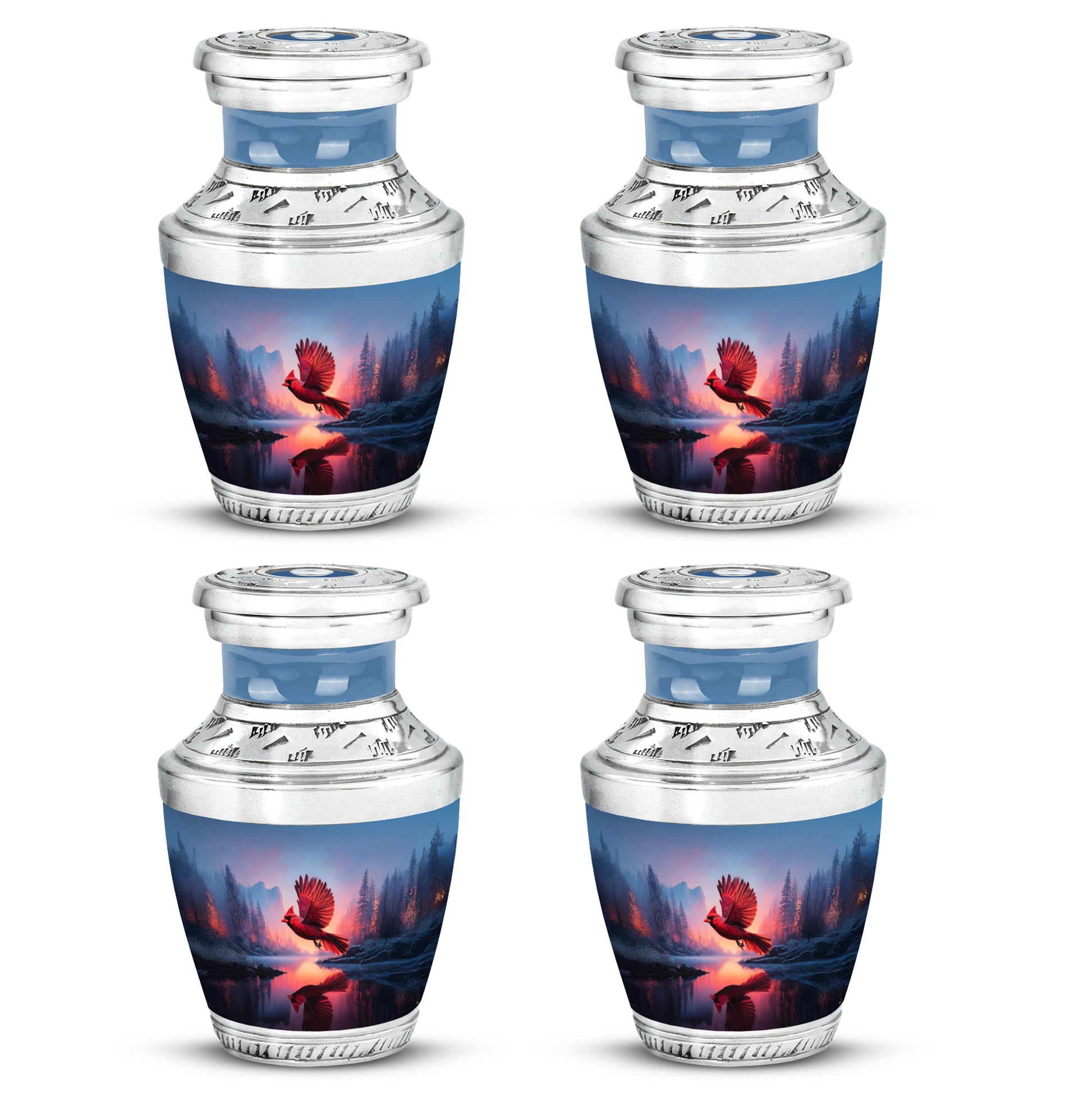 Cornflower Blue Cardinal Cremation Urn back view with polished surface - artistic cardinal interpretation with creative detail - 10 inch aluminum urn for cremated remains