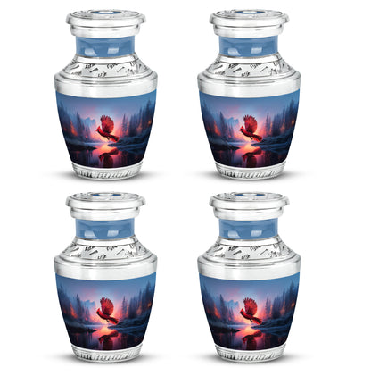 Cornflower Blue Cardinal Cremation Urn back view with polished surface - artistic cardinal interpretation with creative detail - 10 inch aluminum urn for cremated remains