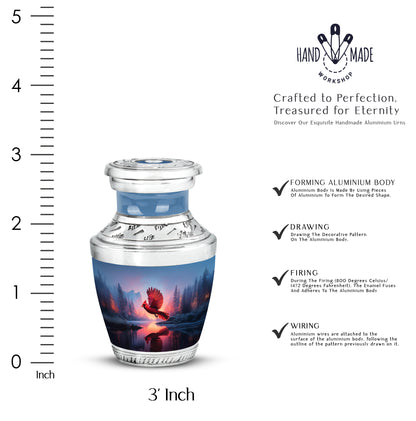 Icy Blue Cardinal Cremation Urn top-down view of secure threaded lid - contemporary cardinal design with modern artistic flair - mini keepsake memorial for portion of cremation ashes