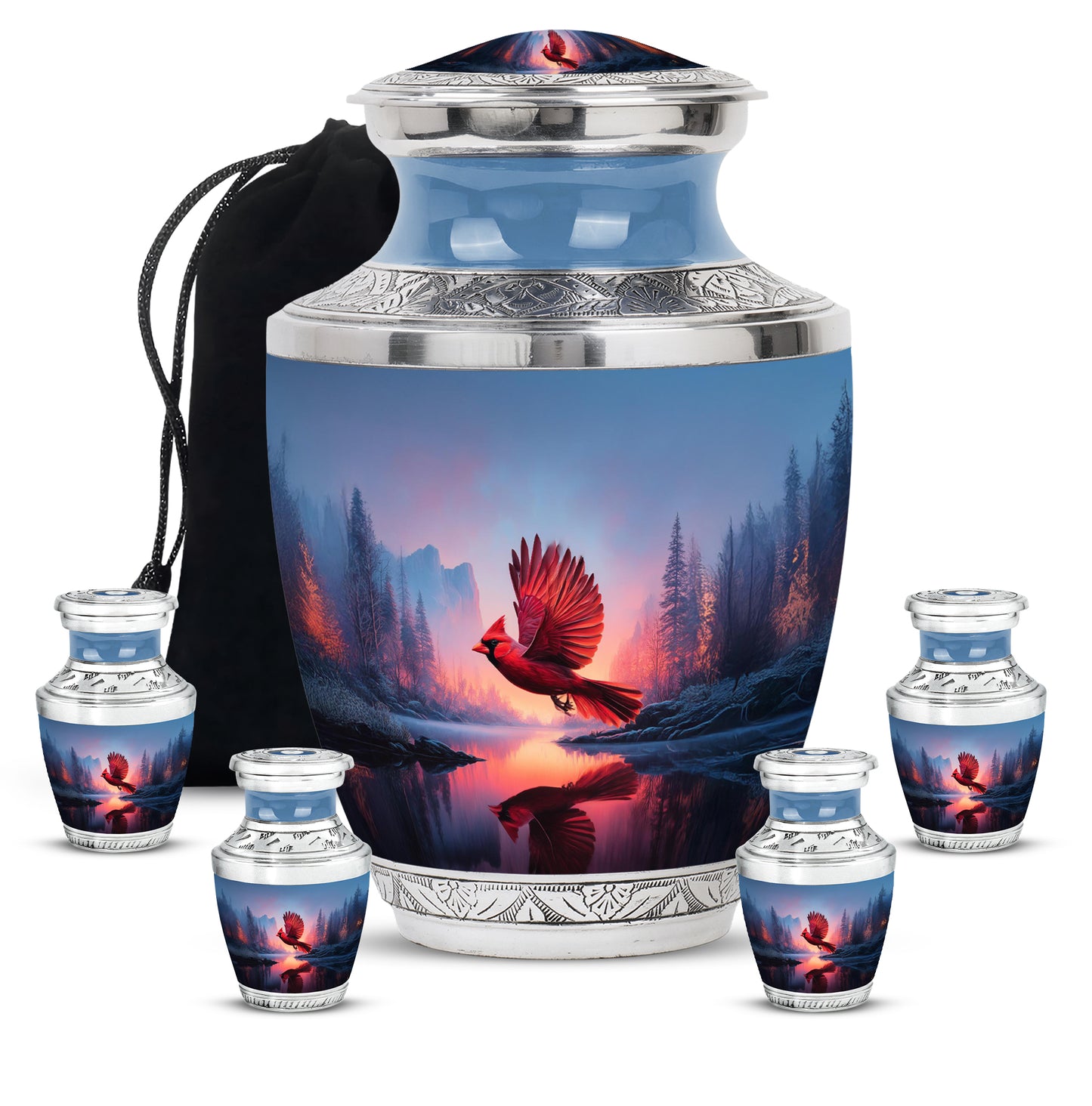 Calming Blue Cardinal Cremation Urn lifestyle display on memorial shelf - stylized abstract cardinal pattern with bold lines - memorial set with one large and four small urns
