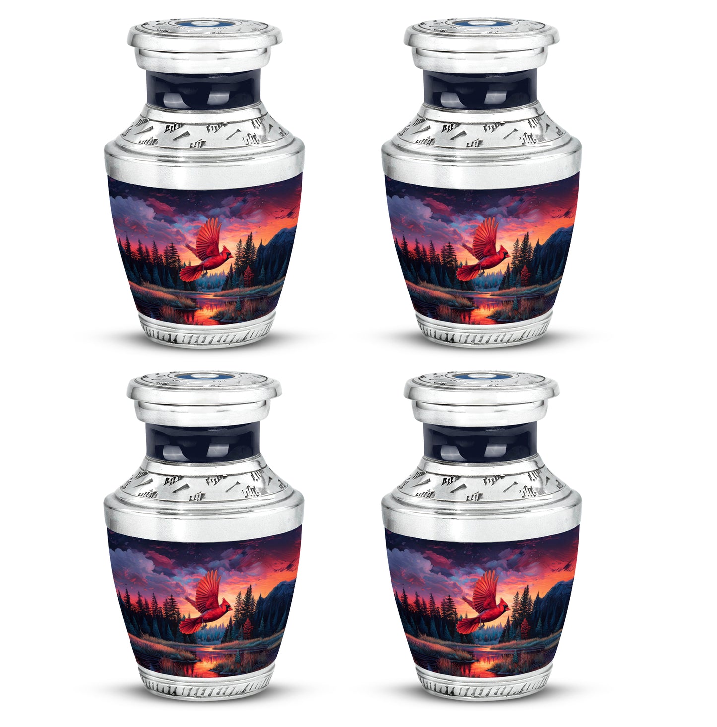 Powder Blue Cardinal Cremation Urn back view with polished surface - contemporary cardinal design with modern artistic flair - 10 inch aluminum urn for cremated remains