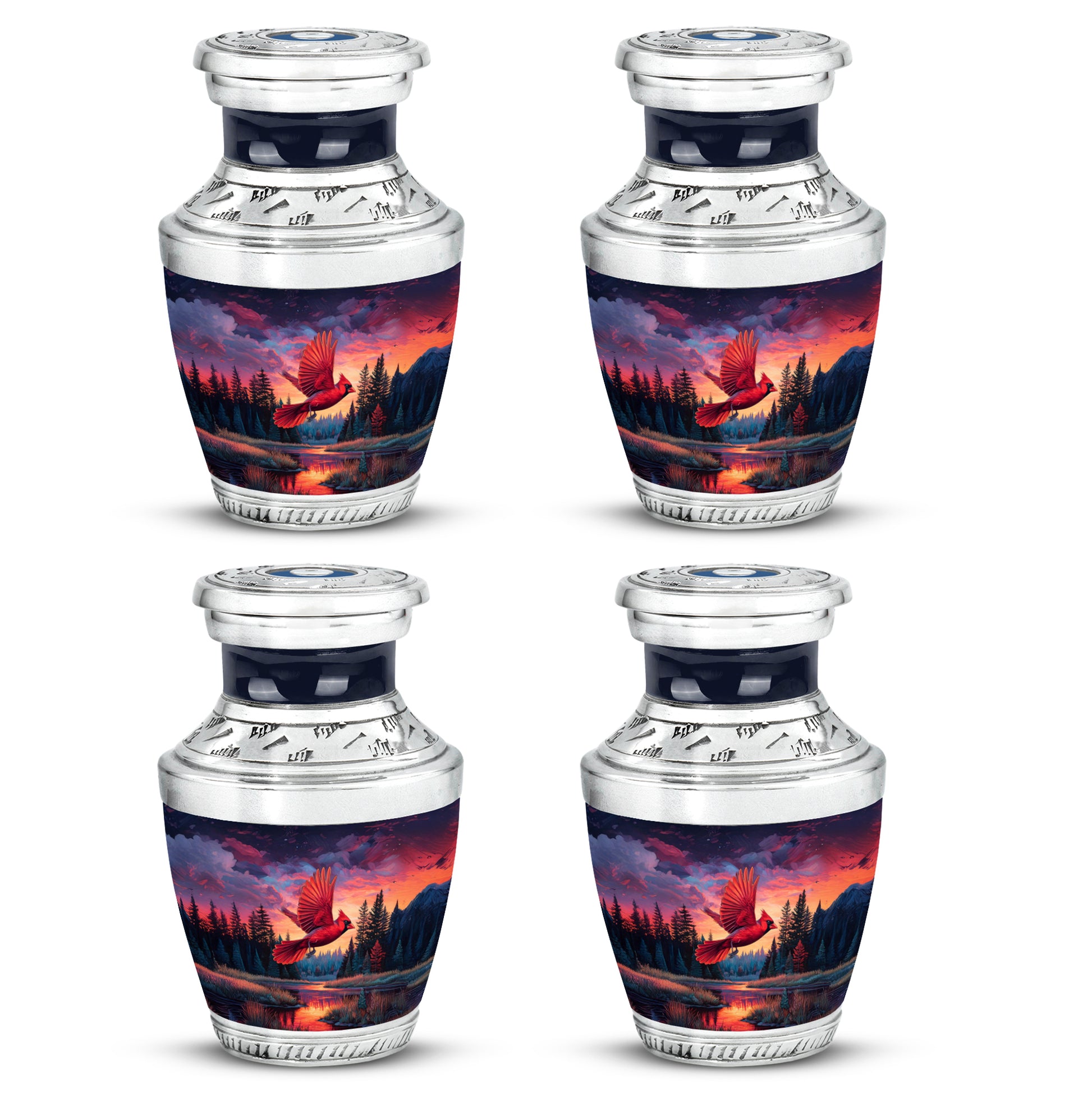 Powder Blue Cardinal Cremation Urn back view with polished surface - contemporary cardinal design with modern artistic flair - 10 inch aluminum urn for cremated remains