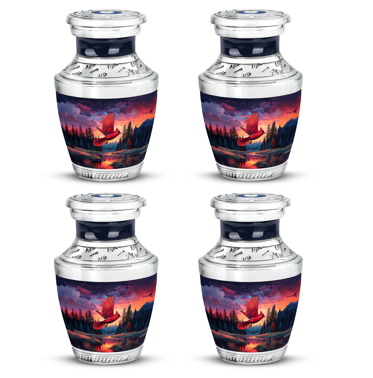 Powder Blue Cardinal Cremation Urn back view with polished surface - contemporary cardinal design with modern artistic flair - 10 inch aluminum urn for cremated remains