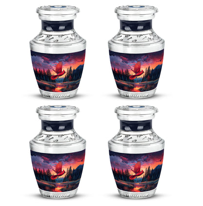 Powder Blue Cardinal Cremation Urn back view with polished surface - contemporary cardinal design with modern artistic flair - 10 inch aluminum urn for cremated remains