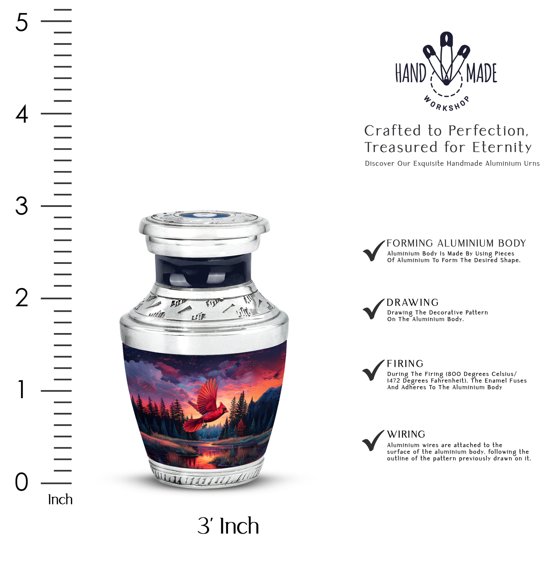 Celestial Blue Cardinal Cremation Urn top-down view of secure threaded lid - modern art-inspired cardinal motif on sleek aluminum - mini keepsake memorial for portion of cremation ashes