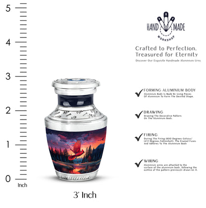 Celestial Blue Cardinal Cremation Urn top-down view of secure threaded lid - modern art-inspired cardinal motif on sleek aluminum - mini keepsake memorial for portion of cremation ashes
