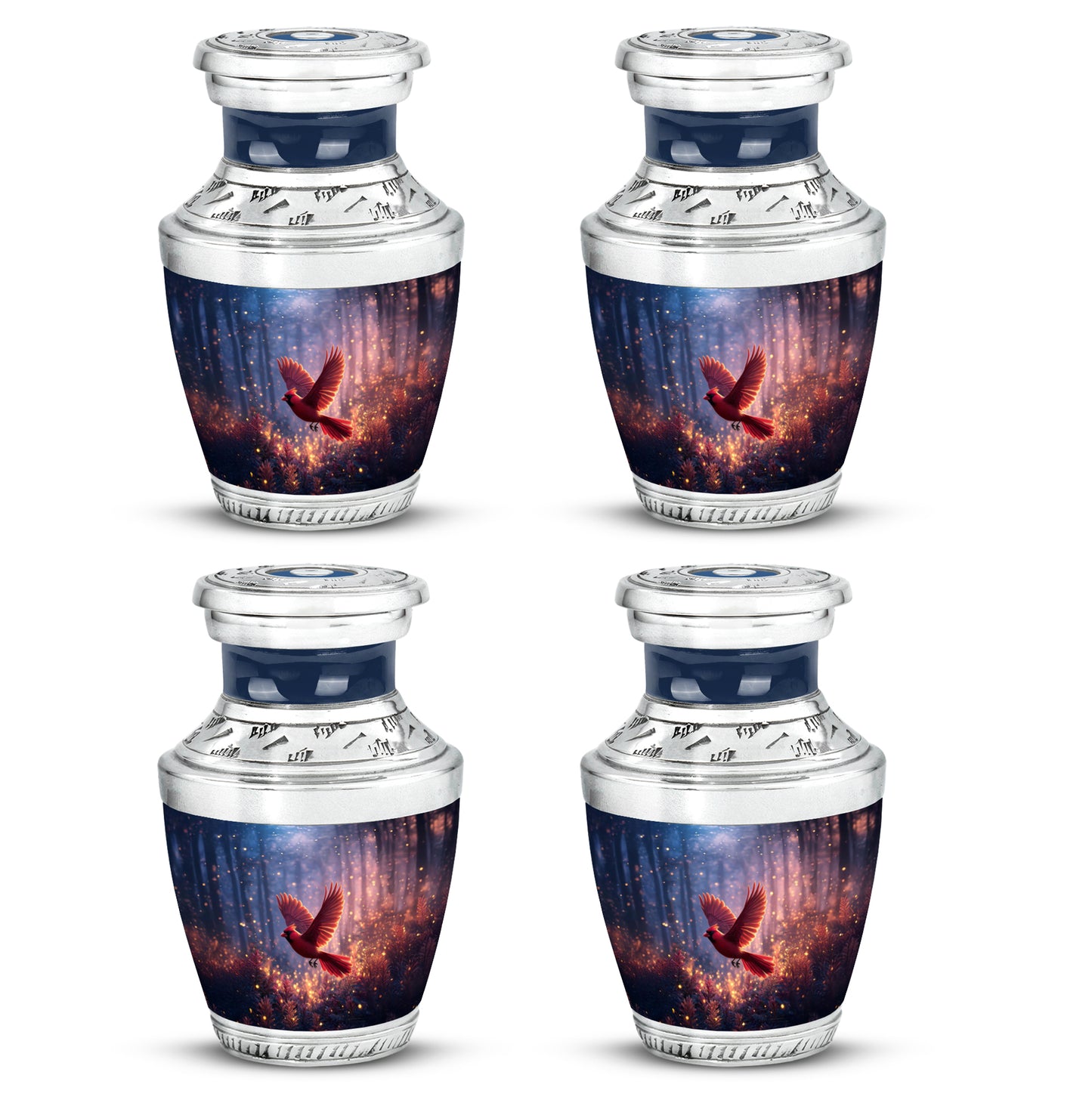 Slate Blue Cardinal Cremation Urn back view with polished surface - contemporary cardinal design with modern artistic flair - 10 inch aluminum urn for cremated remains