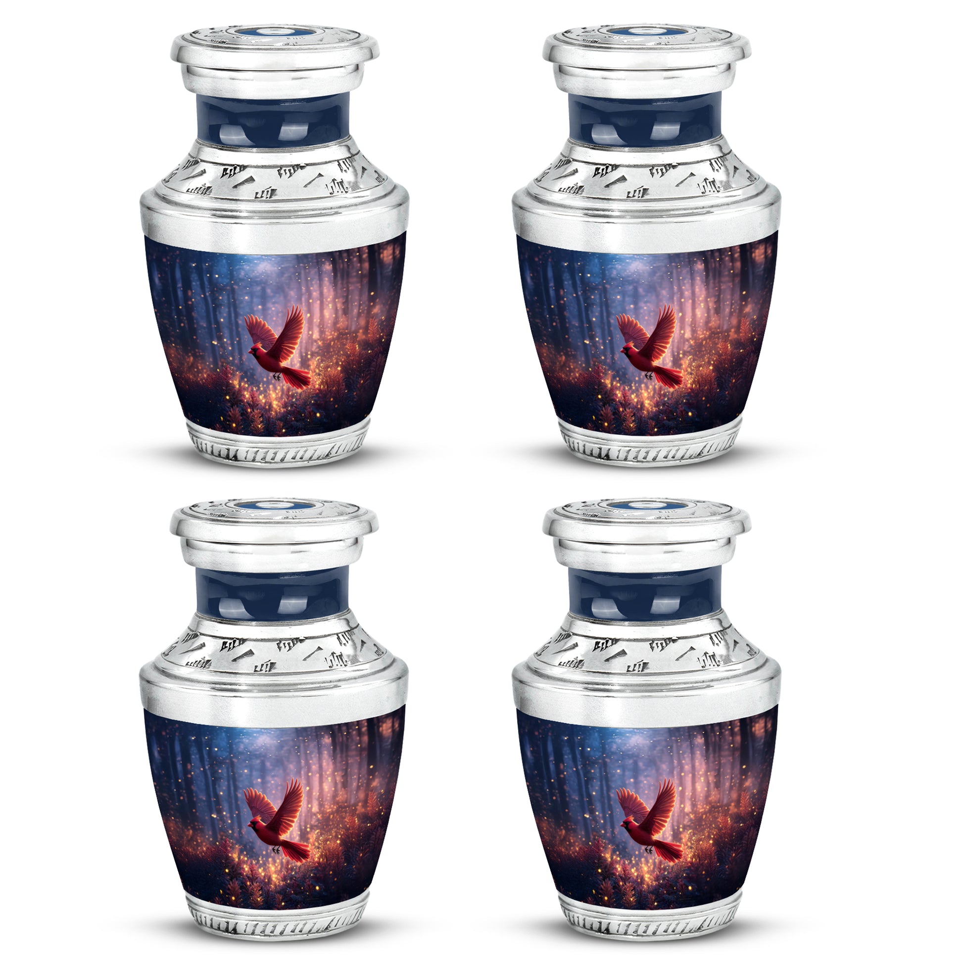 Slate Blue Cardinal Cremation Urn back view with polished surface - contemporary cardinal design with modern artistic flair - 10 inch aluminum urn for cremated remains