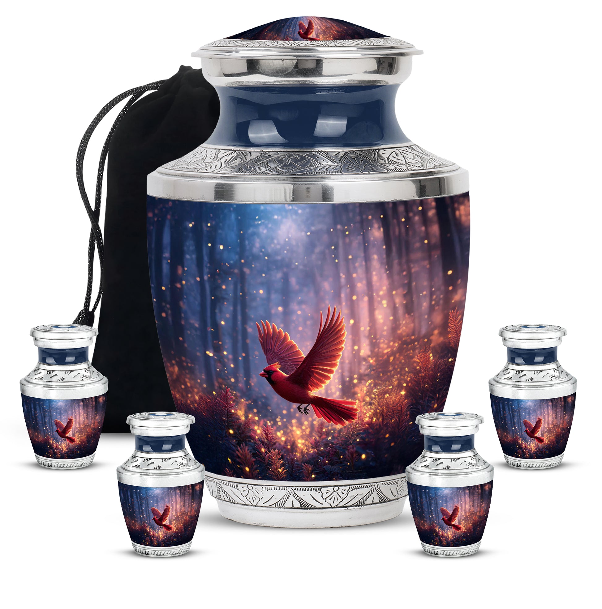 Soft Blue Cardinal Cremation Urn lifestyle display on memorial shelf - artistic cardinal interpretation with creative detail - memorial set with one large and four small urns
