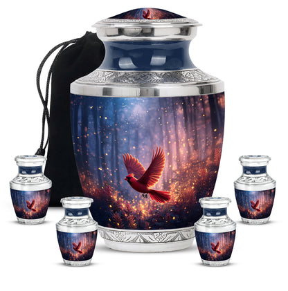 Soft Blue Cardinal Cremation Urn lifestyle display on memorial shelf - artistic cardinal interpretation with creative detail - memorial set with one large and four small urns