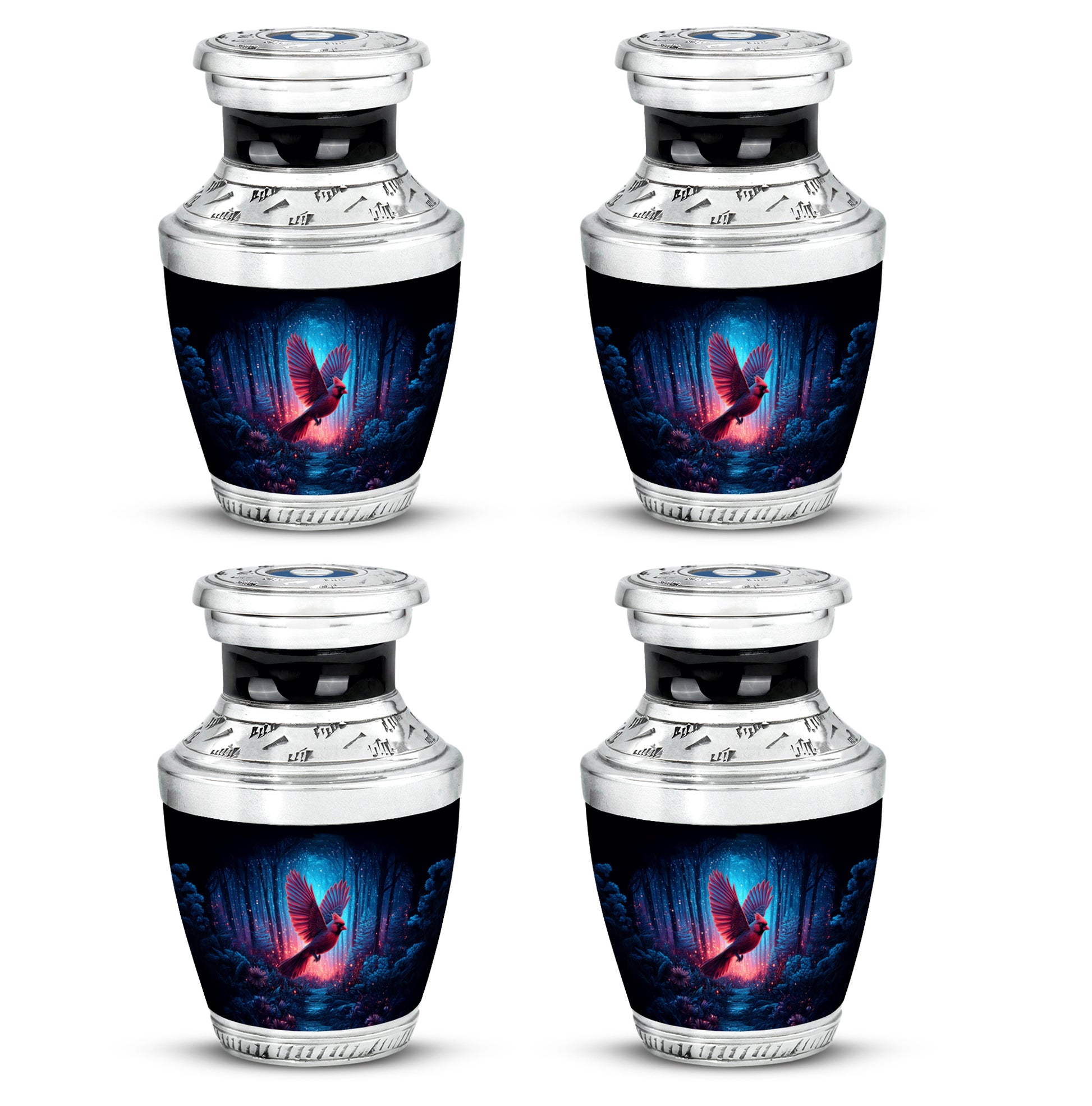 Onyx Black Cardinal Cremation Urn back view with polished surface - stylized abstract cardinal pattern with bold lines - 10 inch aluminum urn for cremated remains