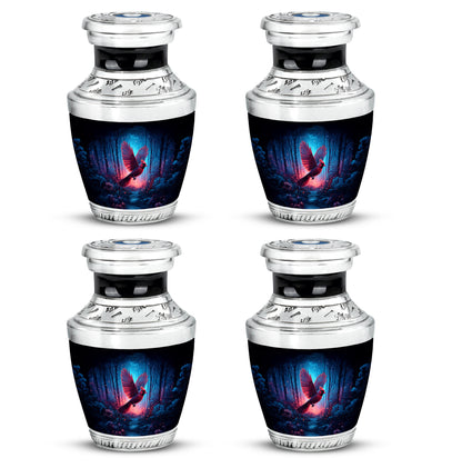 Onyx Black Cardinal Cremation Urn back view with polished surface - stylized abstract cardinal pattern with bold lines - 10 inch aluminum urn for cremated remains