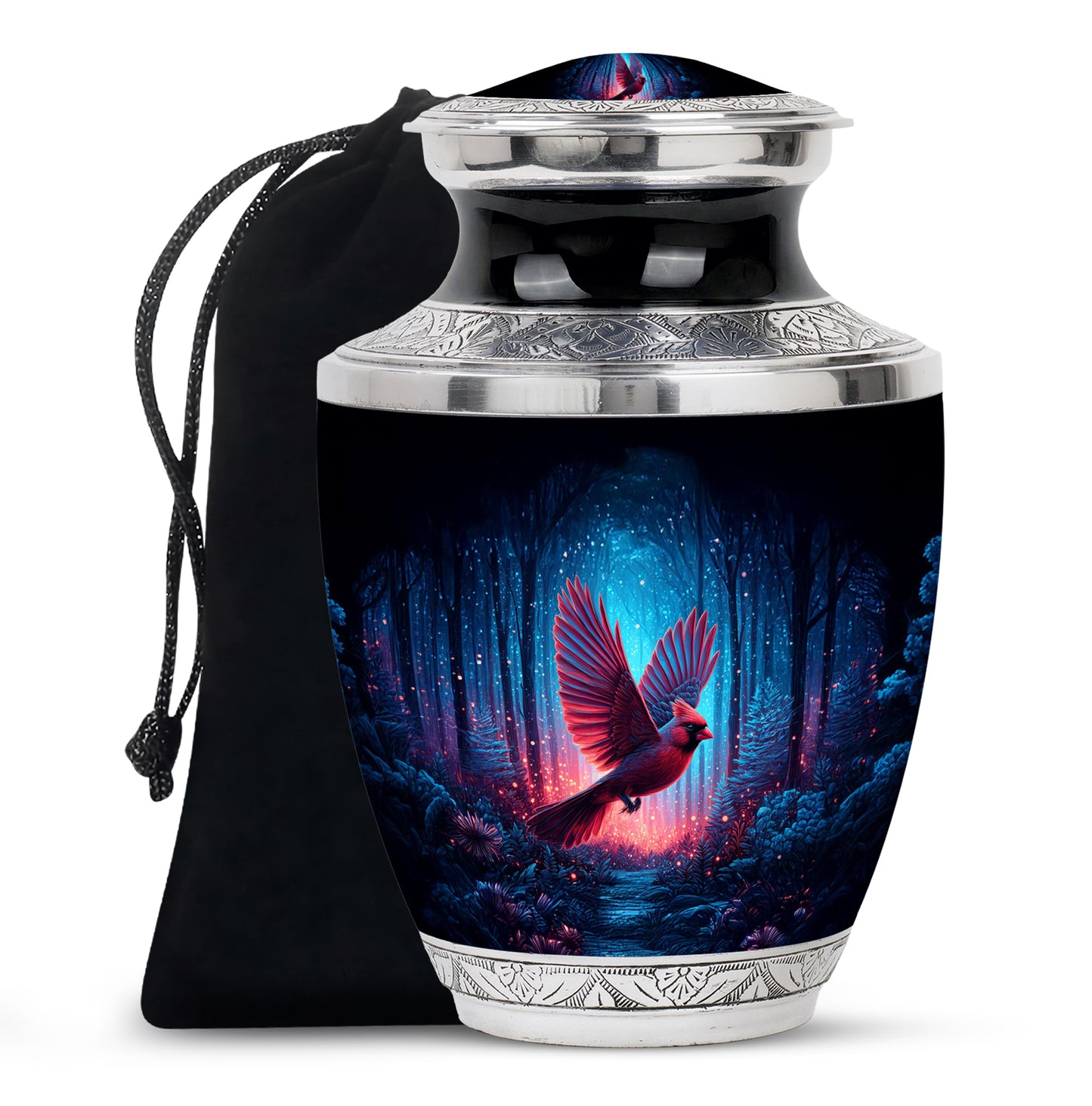 Charcoal Black Cardinal Cremation Urn side profile showing urn shape - artistic cardinal interpretation with creative detail - full-size 10 inch 200 cubic inch adult cremation urn