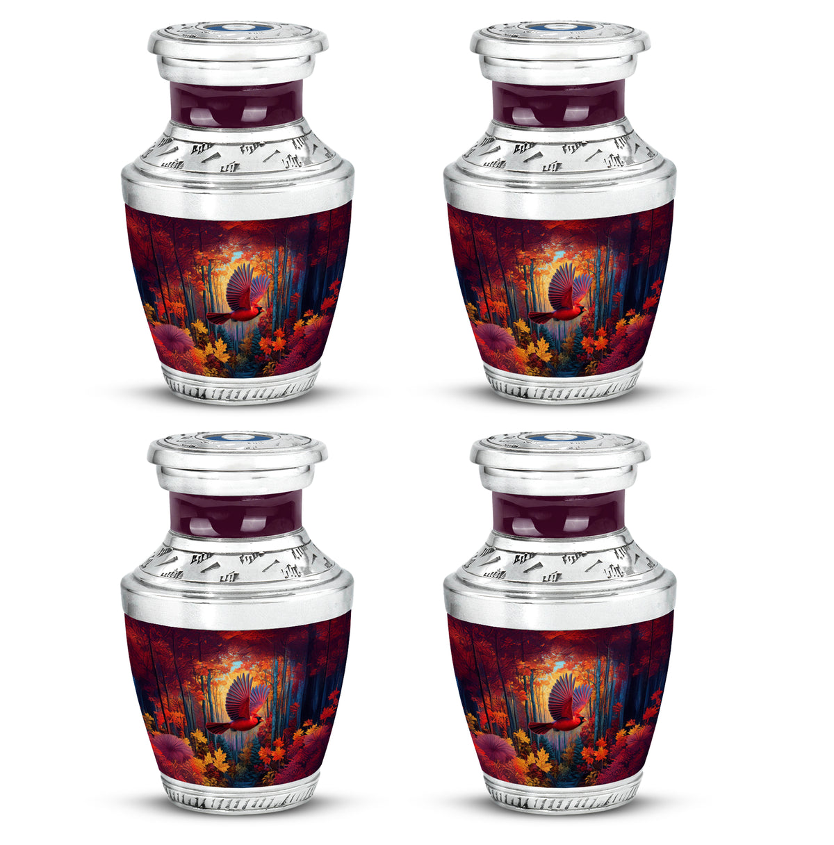 Cherry Red Cardinal Cremation Urn back view with polished surface - artistic cardinal interpretation with creative detail - 10 inch aluminum urn for cremated remains