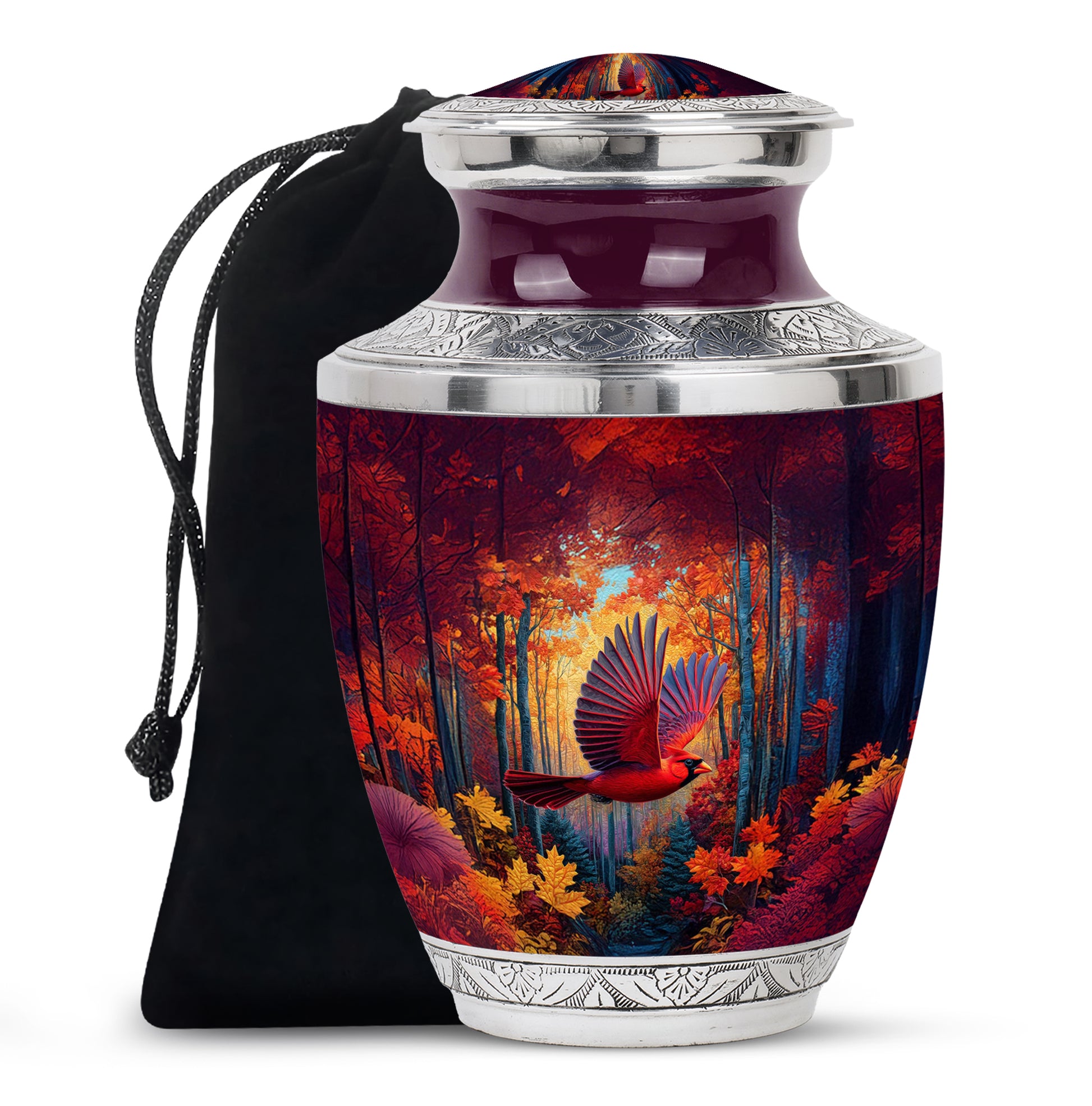 Wine Red Cardinal Cremation Urn side profile showing urn shape - modern art-inspired cardinal motif on sleek aluminum - full-size 10 inch 200 cubic inch adult cremation urn