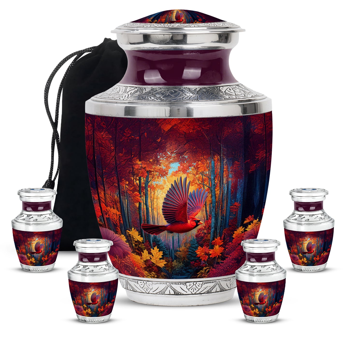 Deep Red Cardinal Cremation Urn lifestyle display on memorial shelf - modern art-inspired cardinal motif on sleek aluminum - memorial set with one large and four small urns