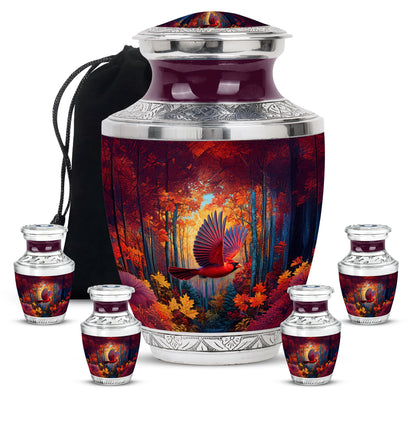 Deep Red Cardinal Cremation Urn lifestyle display on memorial shelf - modern art-inspired cardinal motif on sleek aluminum - memorial set with one large and four small urns