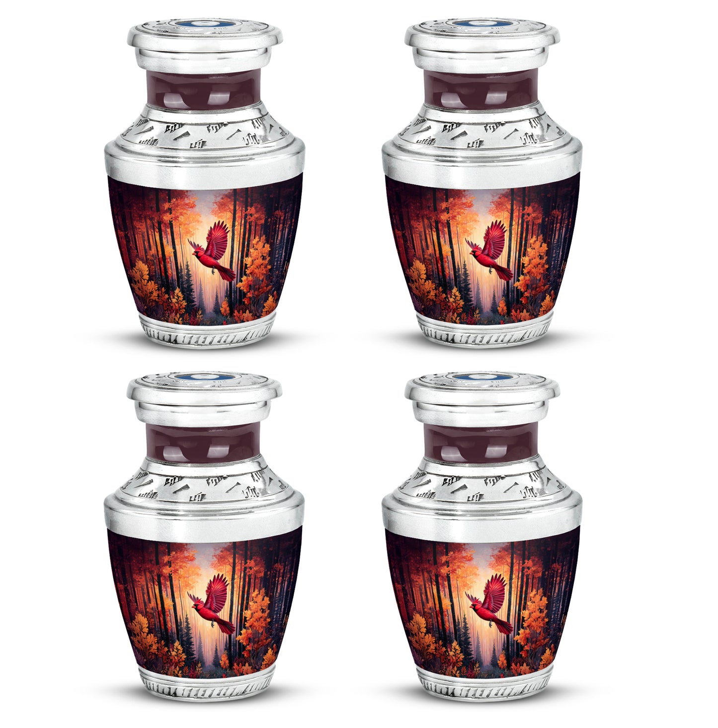 Rich Red Cardinal Cremation Urn back view with polished surface - stylized abstract cardinal pattern with bold lines - 10 inch aluminum urn for cremated remains