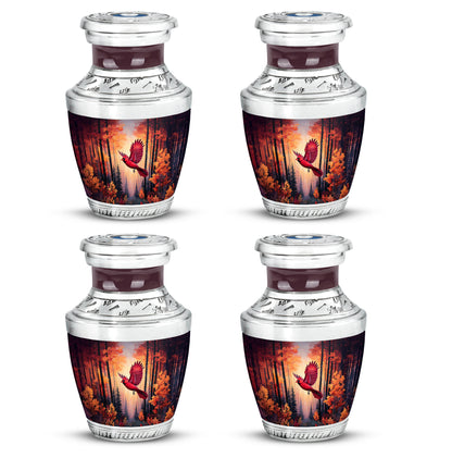 Rich Red Cardinal Cremation Urn back view with polished surface - stylized abstract cardinal pattern with bold lines - 10 inch aluminum urn for cremated remains