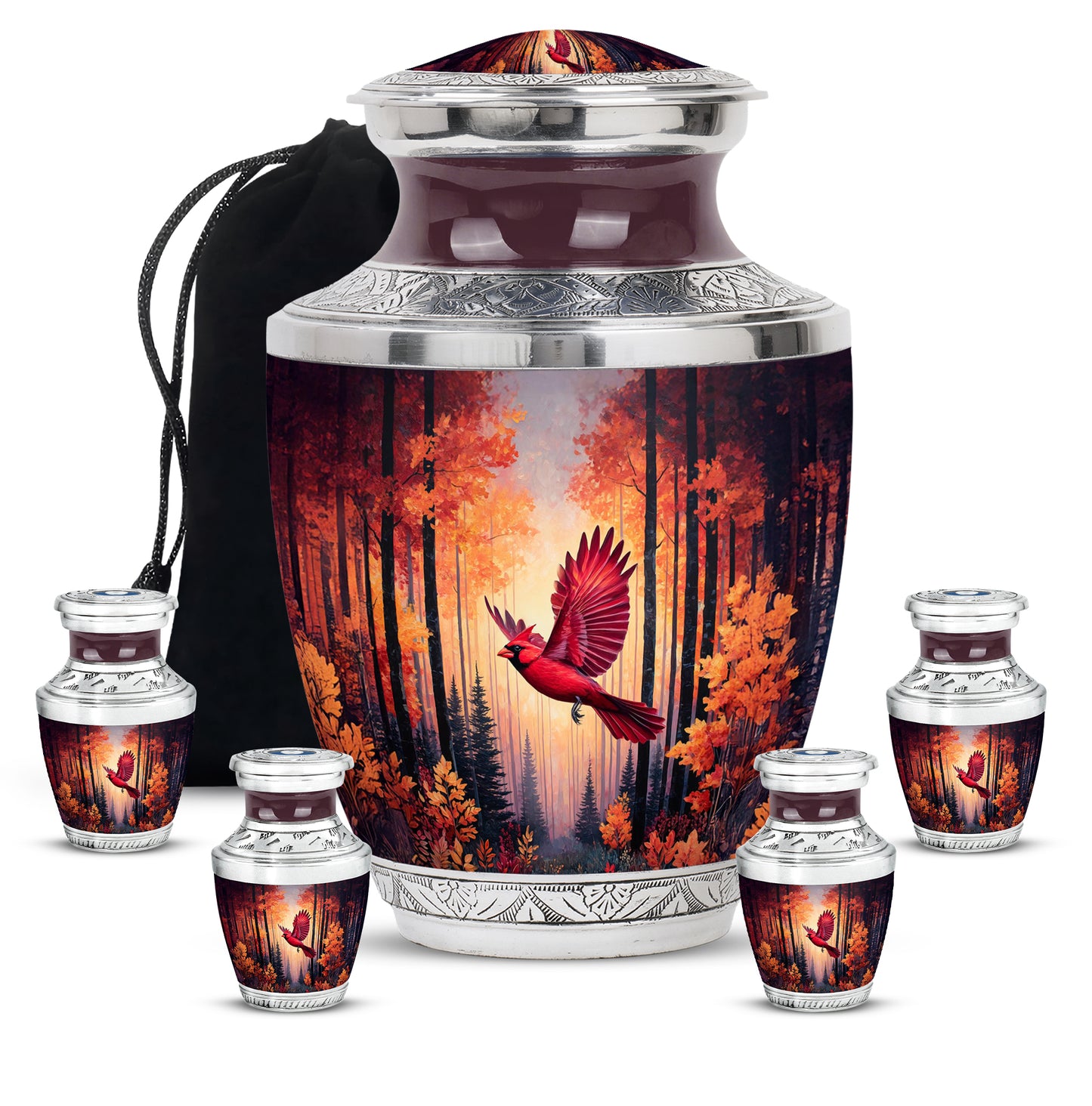 Cherry Red Cardinal Cremation Urn lifestyle display on memorial shelf - stylized abstract cardinal pattern with bold lines - memorial set with one large and four small urns