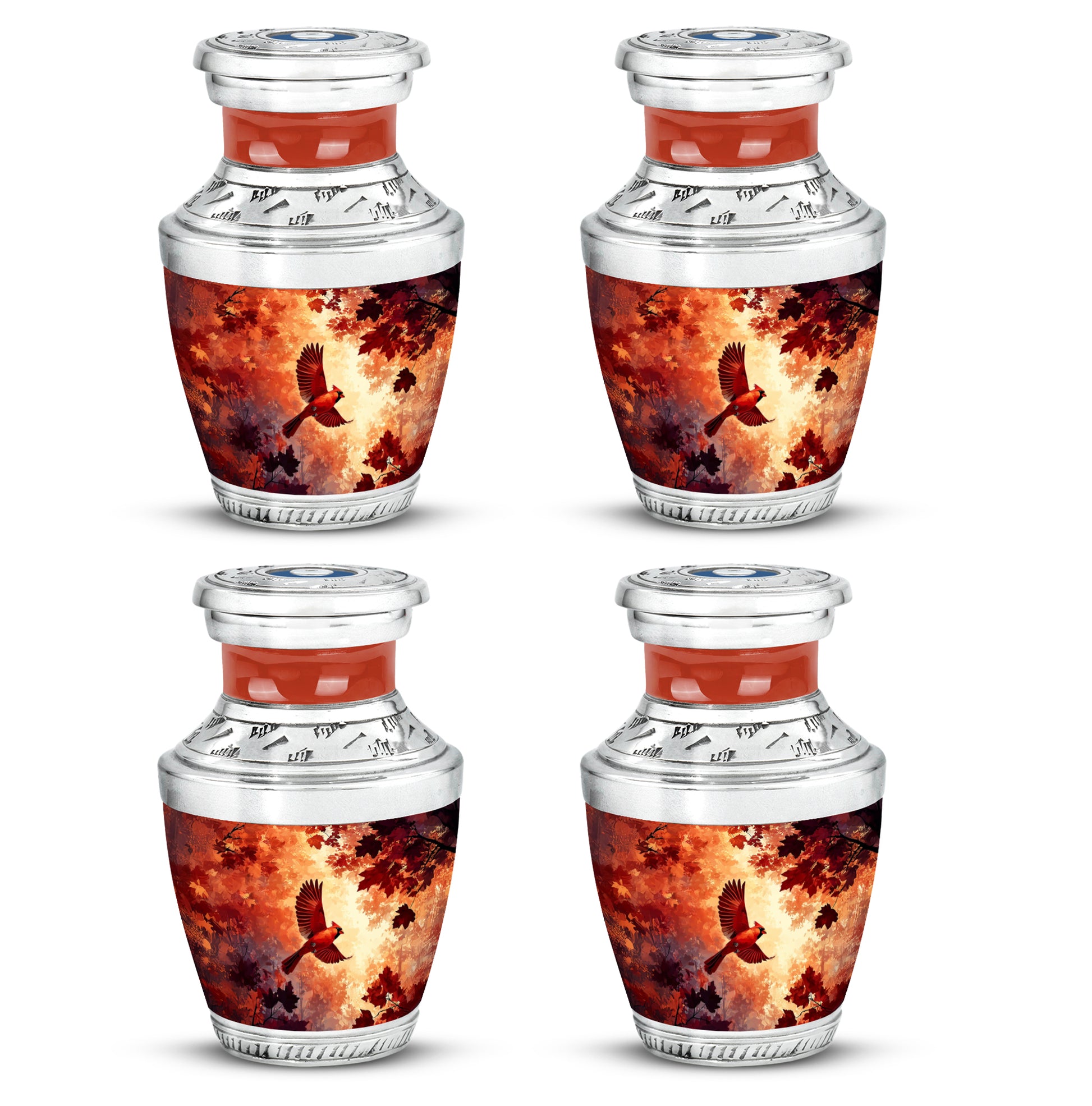 Burgundy Red Cardinal Cremation Urn back view with polished surface - modern art-inspired cardinal motif on sleek aluminum - 10 inch aluminum urn for cremated remains