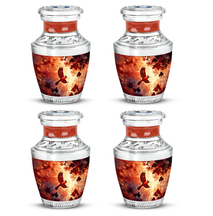 Burgundy Red Cardinal Cremation Urn back view with polished surface - modern art-inspired cardinal motif on sleek aluminum - 10 inch aluminum urn for cremated remains