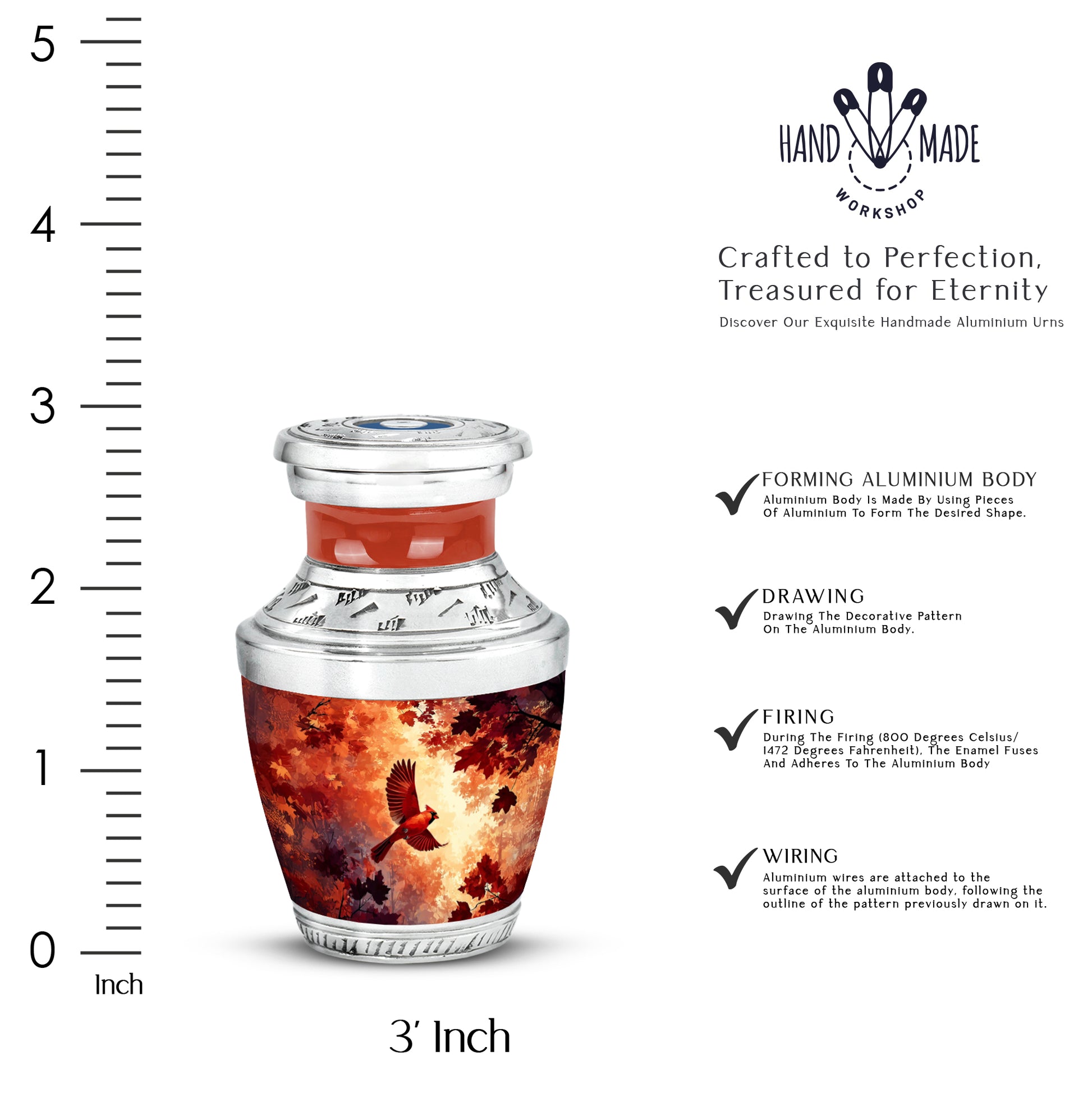 Garnet Red Cardinal Cremation Urn top-down view of secure threaded lid - modern art-inspired cardinal motif on sleek aluminum - mini keepsake memorial for portion of cremation ashes