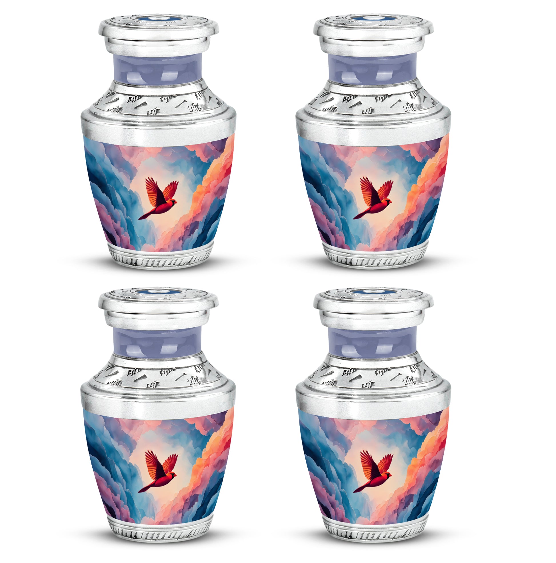 Powder Blue Cardinal Cremation Urn back view with polished surface - contemporary cardinal design with modern artistic flair - 10 inch aluminum urn for cremated remains