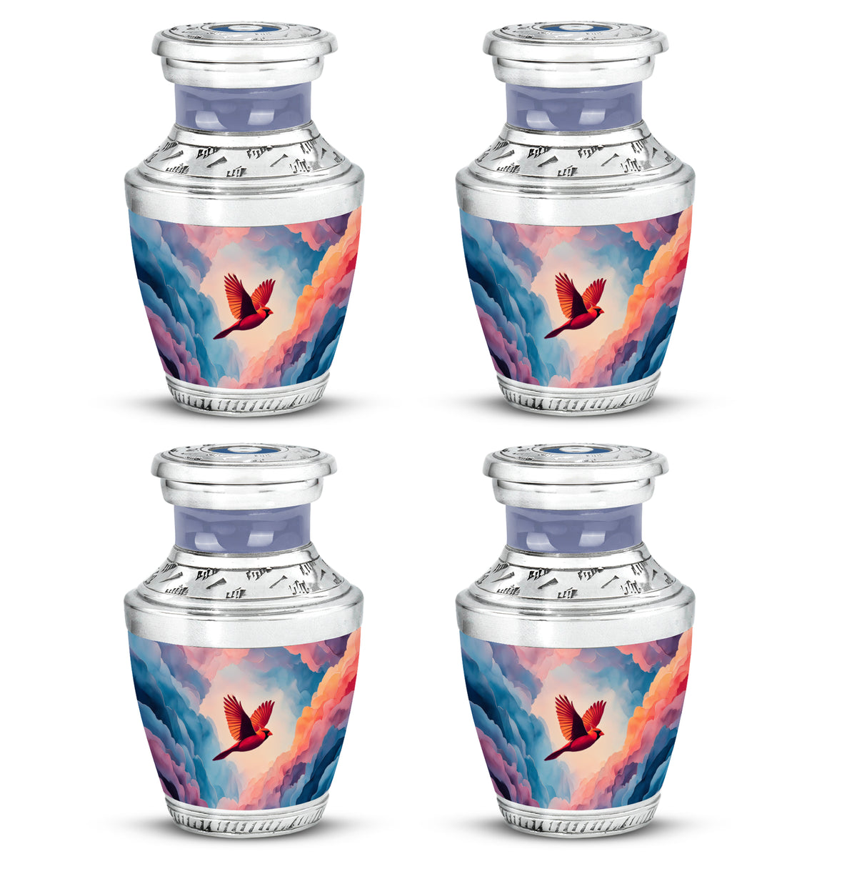 Powder Blue Cardinal Cremation Urn back view with polished surface - contemporary cardinal design with modern artistic flair - 10 inch aluminum urn for cremated remains