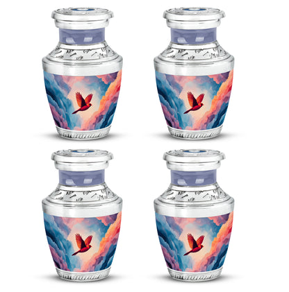 Powder Blue Cardinal Cremation Urn back view with polished surface - contemporary cardinal design with modern artistic flair - 10 inch aluminum urn for cremated remains