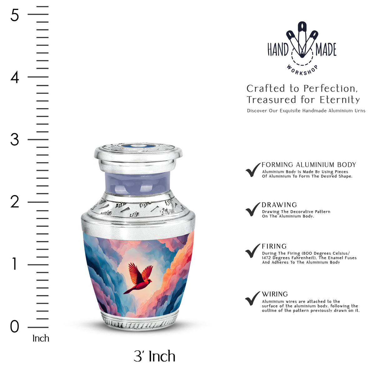 Dusty Blue Cardinal Cremation Urn top-down view of secure threaded lid - contemporary cardinal design with modern artistic flair - mini keepsake memorial for portion of cremation ashes