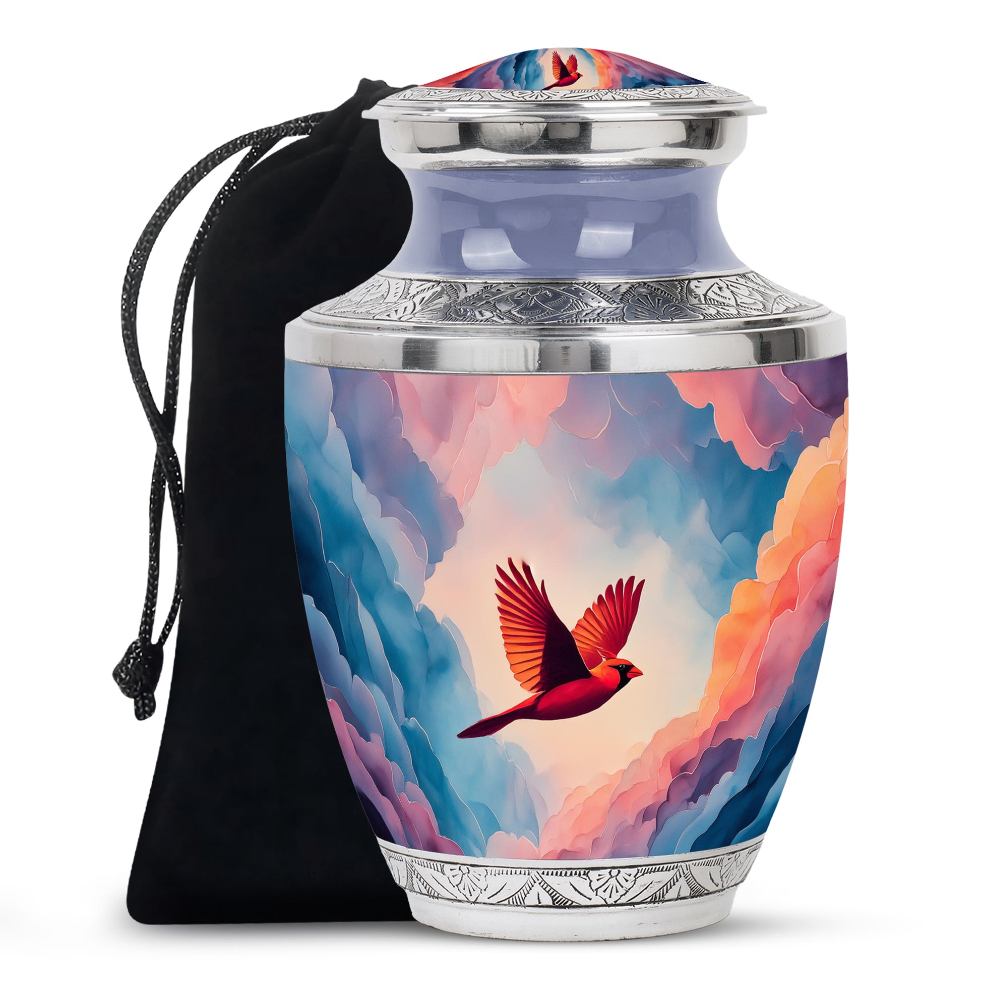 Powder Blue Cardinal Cremation Urn side profile showing urn shape - contemporary cardinal design with modern artistic flair - full-size 10 inch 200 cubic inch adult cremation urn