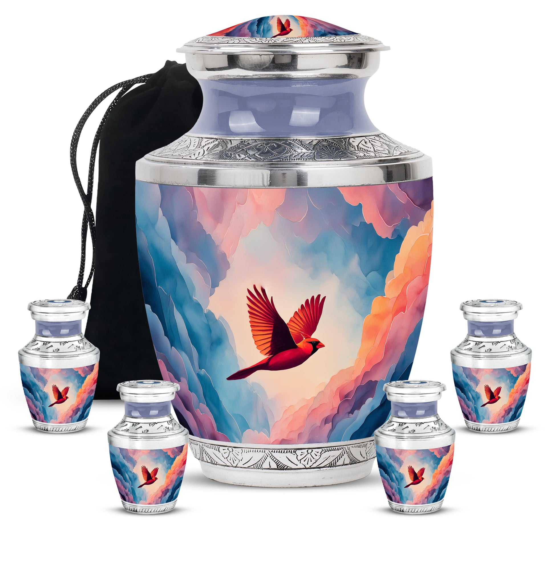 Steel Blue Cardinal Cremation Urn lifestyle display on memorial shelf - stylized abstract cardinal pattern with bold lines - memorial set with one large and four small urns