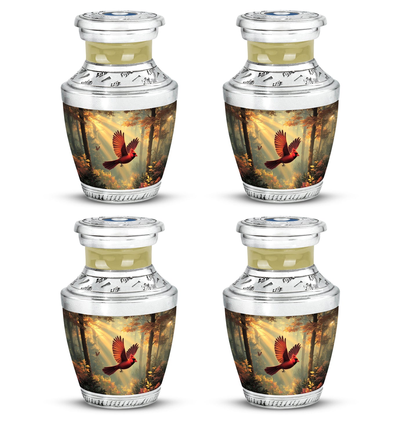 Antique Gold Cardinal Cremation Urn back view with polished surface - modern art-inspired cardinal motif on sleek aluminum - 10 inch aluminum urn for cremated remains