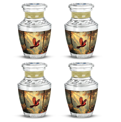 Antique Gold Cardinal Cremation Urn back view with polished surface - modern art-inspired cardinal motif on sleek aluminum - 10 inch aluminum urn for cremated remains