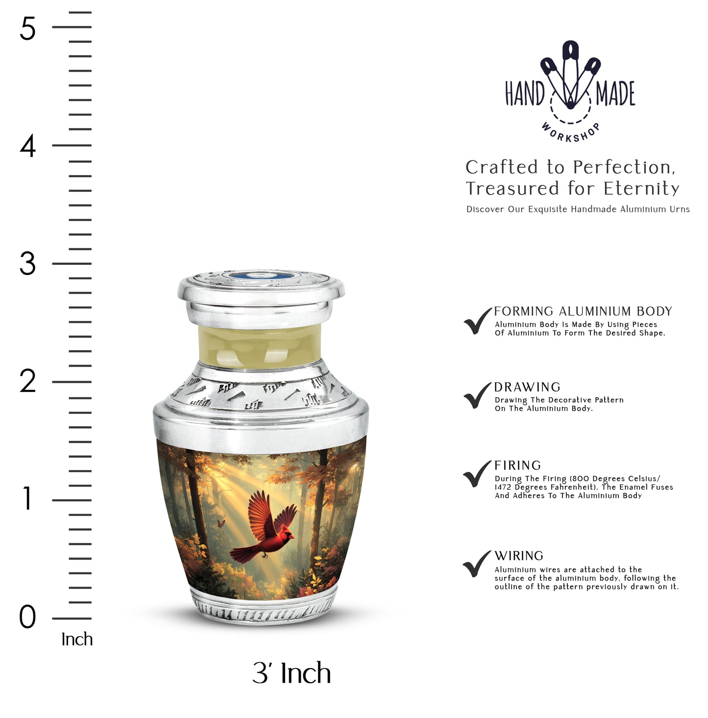 Amber Gold Cardinal Cremation Urn top-down view of secure threaded lid - modern art-inspired cardinal motif on sleek aluminum - mini keepsake memorial for portion of cremation ashes