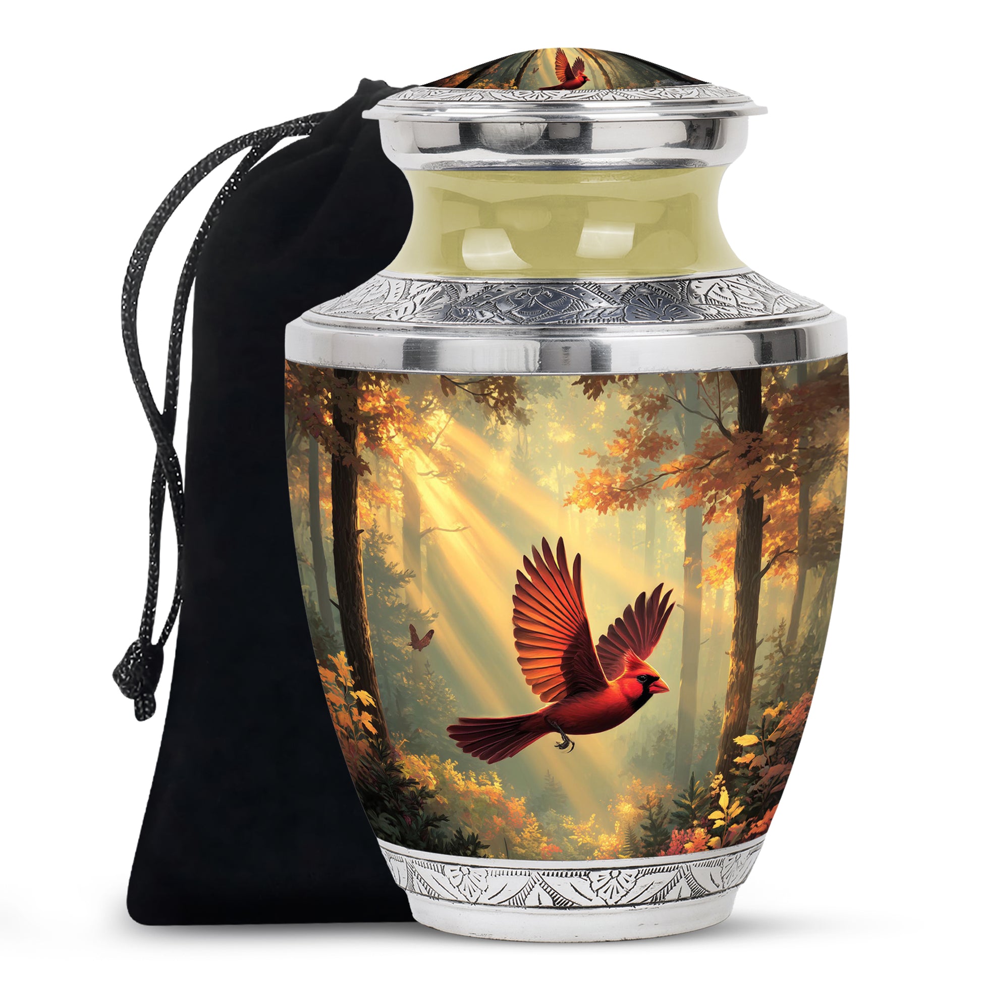 Sunrise Gold Cardinal Cremation Urn side profile showing urn shape - contemporary cardinal design with modern artistic flair - full-size 10 inch 200 cubic inch adult cremation urn